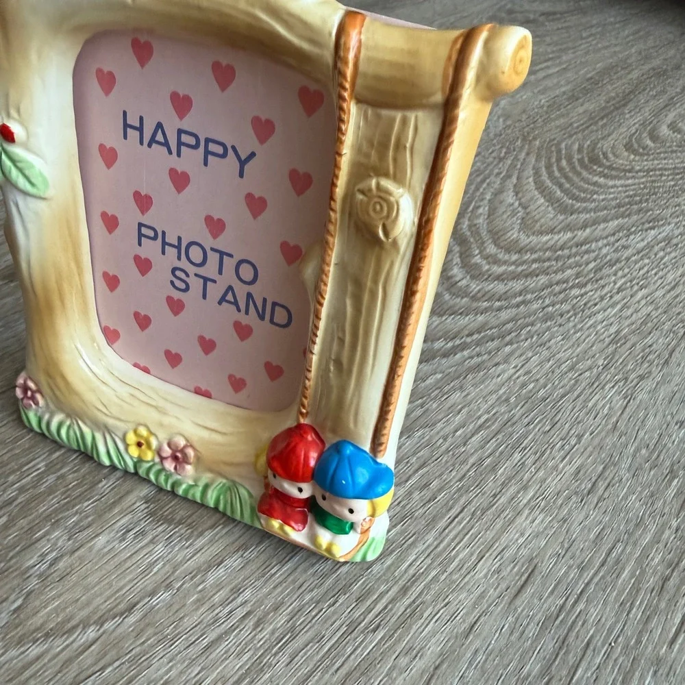 Vintage Ceramic Woodland Tree Trunk Photo Frame Children on Swing Pink Birds